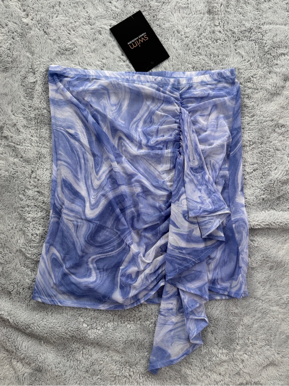 Naked Wardrobe Swim Mesh Ruched Ruffle Mini Skirt Marble Swirl Blue XL